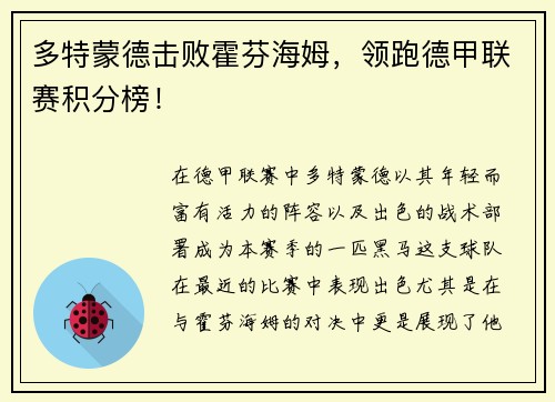 多特蒙德击败霍芬海姆，领跑德甲联赛积分榜！