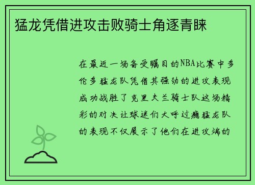 猛龙凭借进攻击败骑士角逐青睐